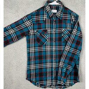 Family First Milano Men Medium Shirt Flannel Blue Plaid Button Up Pearl Snap EUC